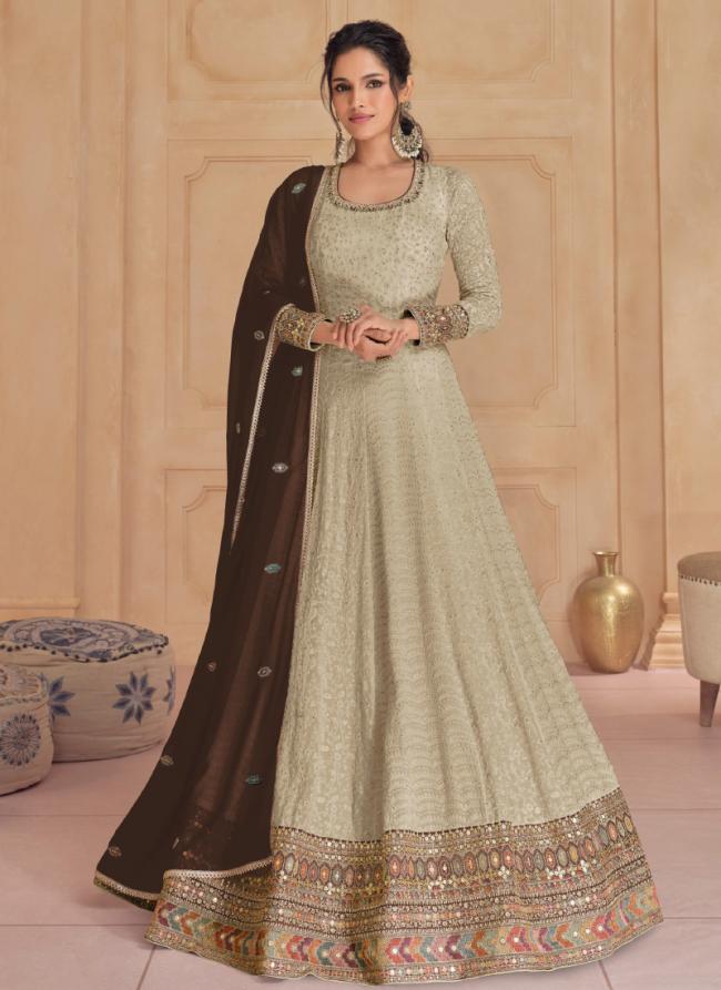 Georgette Beige Wedding Wear Embroidery Work Readymade Gown With Dupatta